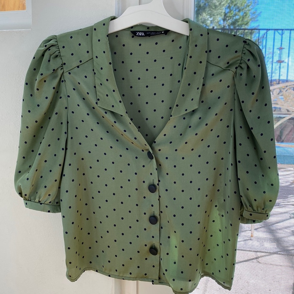 Zara green and black polka dot top size small